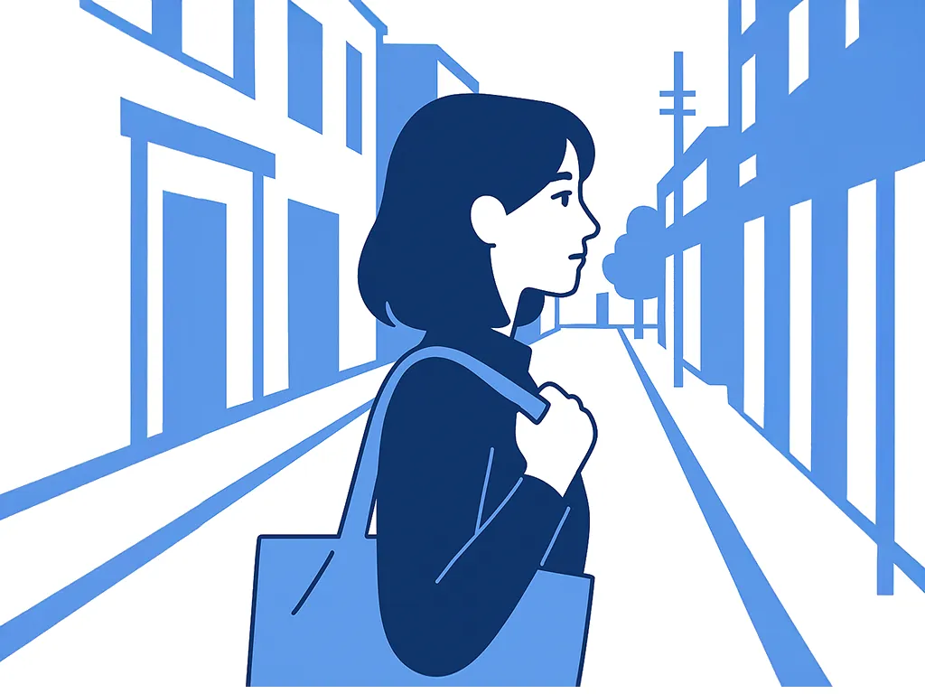 背著托特包的女子站在街道上，望向遠方